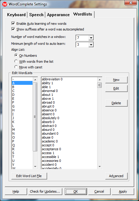 Basic Word List management in WordComplete